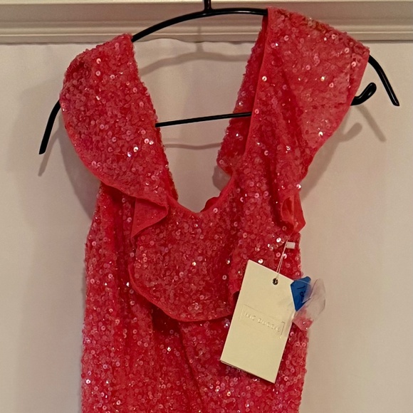 Sequined Drop Shoulder Trumpet Gown Watermelon Pink Sequin Dress - Picture 4 of 10